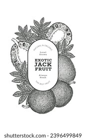 Banner de jackfruit estilo boceto dibujado a mano. Ilustración vectorial de fruta fresca orgánica. Plantilla de diseño de fruta de pan retro