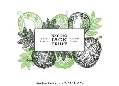 Banner de jackfruit estilo boceto dibujado a mano. Ilustración vectorial de fruta fresca orgánica. Plantilla de diseño de fruta de pan retro