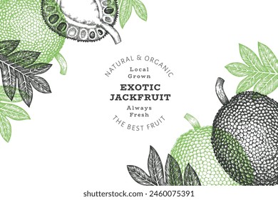 Hand gezeichnete Skizze Stil Jackfruit Banner. Bio-Frischobst-Vektorillustration. Retro Brotfrucht Design Vorlage