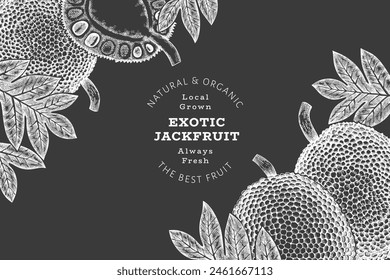 Hand drawn sketch style jackfruit banner. Organic fresh fruit vector illustration on chalk board. Retro breadfruit design template