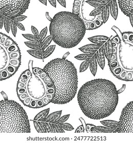 Hand gezeichnete Skizze Stil Jackfruit nahtlose Muster. Bio-Frischobst-Vektorillustration. Retro Brotfrucht Hintergrund