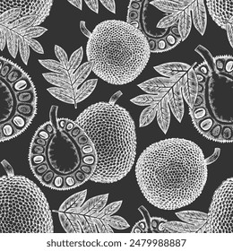 Hand drawn sketch style jackfruit seamless pattern. Organic fresh fruit vector illustration on chalk board. Retro breadfruit background