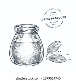 Hand drawn sketch style jar with milk, yogurt or sour cream. Organic fresh food vector illustration isolated on white background. Retro dairy product illustration. 