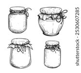 Hand drawn sketch style jars full of fruit jam or honey set. Best for craft made preserve designs. Isolated on white background.