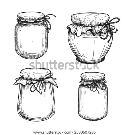Hand drawn sketch style jars full of fruit jam or honey set. Best for craft made preserve designs. Isolated on white background.