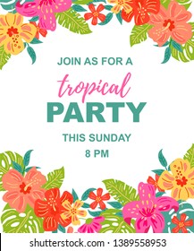 Hand drawn sketch style jungle flowers and exotic leaves. Tropical party vector illustration. Place for your text. Seasonal template for vacation, poster, banner, flyer, invitation. Flat style design.