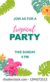 Hand drawn sketch style jungle flowers and exotic leaves. Tropical party vector illustration. Place for your text. Seasonal template for vacation, poster, banner, flyer, invitation. Flat style design.