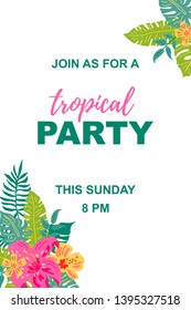 Hand drawn sketch style jungle flowers and exotic leaves. Tropical party vector illustration. Place for your text. Seasonal template for vacation, poster, banner, flyer, invitation. Flat style design.