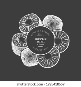 Hand drawn sketch style kiwi banner. Organic fresh fruit vector illustration on chalk board. Retro kiwi fruit design template