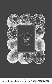 Hand drawn sketch style kiwi banner. Organic fresh fruit vector illustration on chalk board. Retro kiwi fruit design template