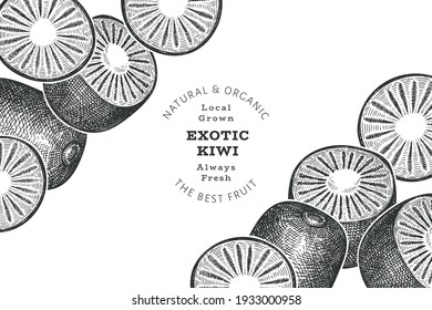 Hand drawn sketch style kiwi banner. Organic fresh fruit vector illustration. Retro kiwi fruit design template