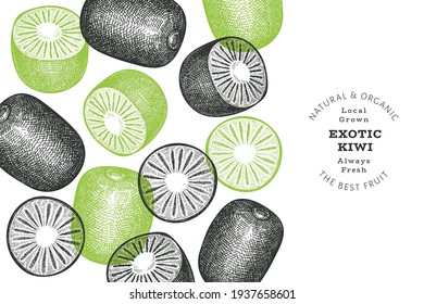 Hand drawn sketch style kiwi banner. Organic fresh fruit vector illustration. Retro kiwi fruit design template