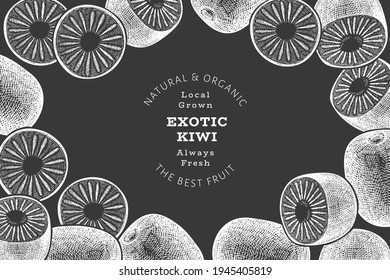 Hand drawn sketch style kiwi banner. Organic fresh fruit vector illustration on chalk board. Retro kiwi fruit design template
