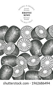 Hand drawn sketch style kiwi banner. Organic fresh fruit vector illustration. Retro kiwi fruit design template