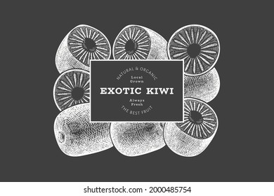Hand drawn sketch style kiwi banner. Organic fresh fruit vector illustration on chalk board. Retro kiwi fruit design template