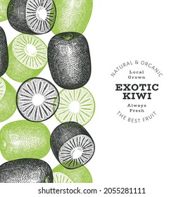 Hand drawn sketch style kiwi banner. Organic fresh fruit vector illustration. Retro kiwi fruit design template