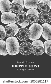 Hand drawn sketch style kiwi banner. Organic fresh fruit vector illustration on chalk board. Retro kiwi fruit design template