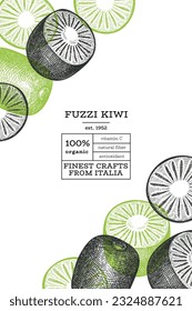 Hand drawn sketch style kiwi banner. Organic fresh fruit vector illustration. Retro kiwi fruit design template