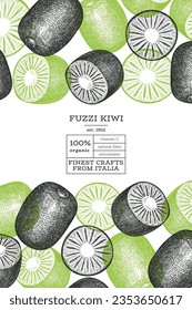 Hand drawn sketch style kiwi banner. Organic fresh fruit vector illustration. Retro kiwi fruit design template