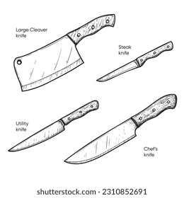 Hand drawn sketch style knives set. Large Cleaver, Steak, Utility and Chef's knives. Best for restaurant menu , kitchen and food designs. Vector illustrations.