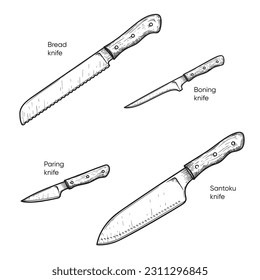 Hand drawn sketch style knives set. Bread, Paring, Boning and Santoku knives. Best for restaurant menu,  kitchen and food designs. Vector illustrations.