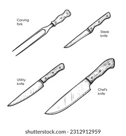 Hand drawn sketch style knives set. Carving fork, Steak, Utility and Chef's knives. Best for restaurant menu,  kitchen and food designs. Vector illustrations.