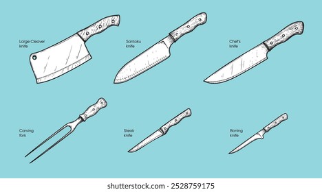 Esboço de mão desenhado estilo facas conjunto. Melhor para menu de restaurante, cozinha e projetos de comida. Ilustrações vetoriais.