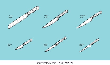 Hand drawn sketch style knives set. Best for restaurant menu, kitchen and food designs. Vector illustrations.