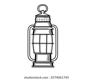 Hand drawn sketch style Lantern with detailed metal framing, ideal for nautical, vintage, or maritime-themed designs. Vector illustration