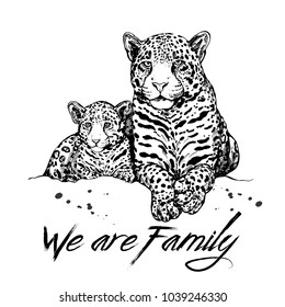 Hand drawn sketch style leopard mother with cub. Vector illustration isolated on white background.