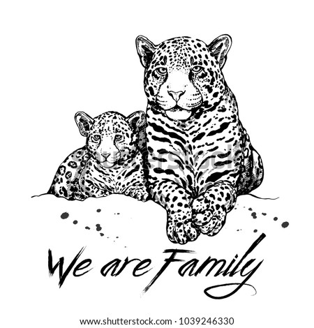 Hand drawn sketch style leopard mother with cub. Vector illustration isolated on white background.