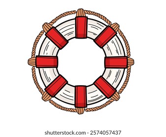 Hand drawn sketch style Lifebuoy with rope detailing. Red and white classic lifebuoy. Great for maritime safety or nautical branding. Vector illustration