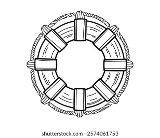 Hand drawn sketch style Lifebuoy with rope detailing, drawn in monochrome. Great for maritime safety or nautical branding. Vector illustration