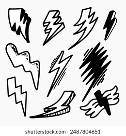 hand drawn sketch style lightning collection illustration. thunderbolt doodle icon set. vector illustration.
