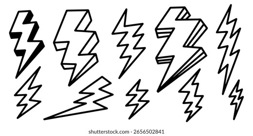Ilustración de colección de relámpago de estilo de boceto dibujado a mano. conjunto de iconos de doodle de Thunderbolt. Ilustración vectorial.