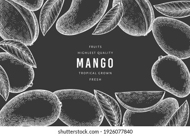 Hand drawn sketch style mango banner. Organic fresh fruit vector illustration on chalk board. Retro mango fruit design template