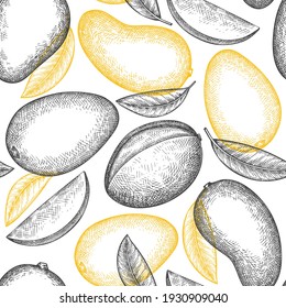 Hand drawn sketch style mango seamless pattern. Organic fresh fruit vector illustration. Retro mango fruit background.