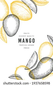 Banner de mango estilo boceto dibujado a mano. Ilustración vectorial de fruta fresca orgánica. Plantilla de diseño de frutos de mango retro