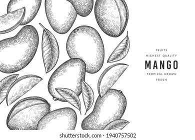 Banner de mango estilo boceto dibujado a mano. Ilustración vectorial de fruta fresca orgánica. Plantilla de diseño de frutos de mango retro