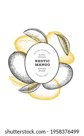 Banner de mango estilo boceto dibujado a mano. Ilustración vectorial de fruta fresca orgánica. Plantilla de diseño de frutos de mango retro
