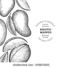 Banner de mango estilo boceto dibujado a mano. Ilustración vectorial de fruta fresca orgánica. Plantilla de diseño de frutos de mango retro