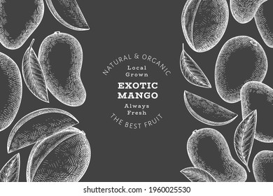 Hand drawn sketch style mango banner. Organic fresh fruit vector illustration on chalk board. Retro mango fruit design template