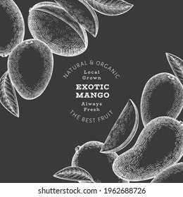 Hand drawn sketch style mango banner. Organic fresh fruit vector illustration on chalk board. Retro mango fruit design template