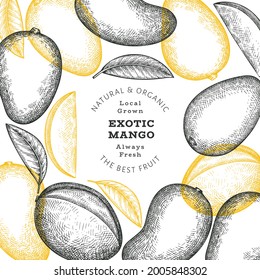 Hand drawn sketch style mango banner. Organic fresh fruit vector illustration. Retro mango fruit design template