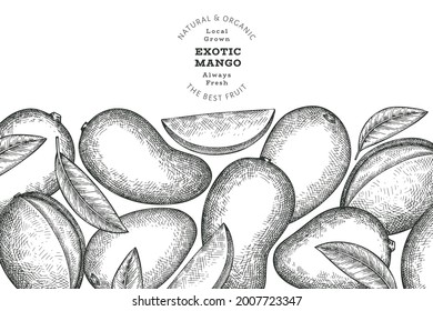 Banner de mango estilo boceto dibujado a mano. Ilustración vectorial de fruta fresca orgánica. Plantilla de diseño de frutos de mango retro