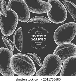 Hand drawn sketch style mango banner. Organic fresh fruit vector illustration on chalk board. Retro mango fruit design template