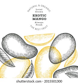 Hand drawn sketch style mango banner. Organic fresh fruit vector illustration. Retro mango fruit design template