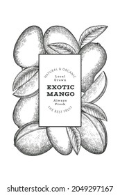 Hand drawn sketch style mango banner. Organic fresh fruit vector illustration. Retro mango fruit design template