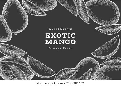Banner de mango estilo boceto dibujado a mano. Ilustración vectorial de fruta fresca orgánica en pizarra de tiza. Plantilla de diseño de frutos de mango retro
