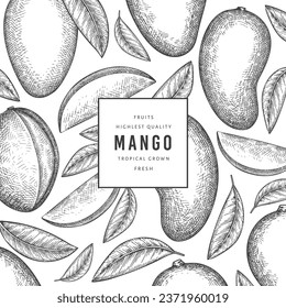 Banner de mango estilo boceto dibujado a mano. Ilustración vectorial de fruta fresca orgánica. Plantilla de diseño de frutos de mango retro